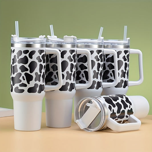 1pc, Cow Print Tumbler With Lid And Straw, 40oz 304 Stainless Steel Thermal Water Bottle With Handle,  Portable Drinking Cups, For Car, Home, Office, Summer Drinkware, Travel Accessories, Birthday Gifts