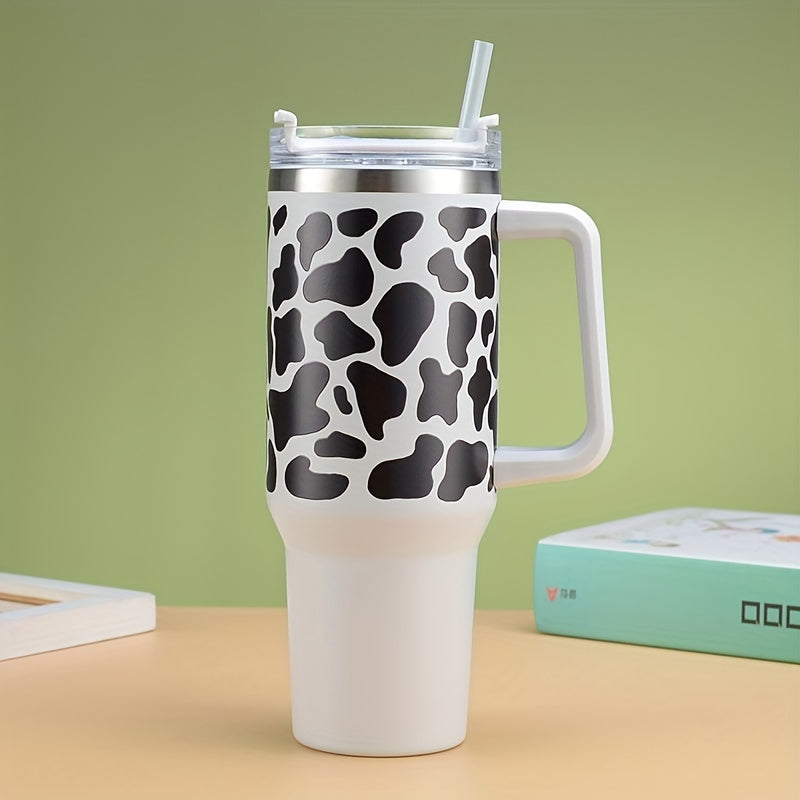 1pc, Cow Print Tumbler With Lid And Straw, 40oz 304 Stainless Steel Thermal Water Bottle With Handle,  Portable Drinking Cups, For Car, Home, Office, Summer Drinkware, Travel Accessories, Birthday Gifts