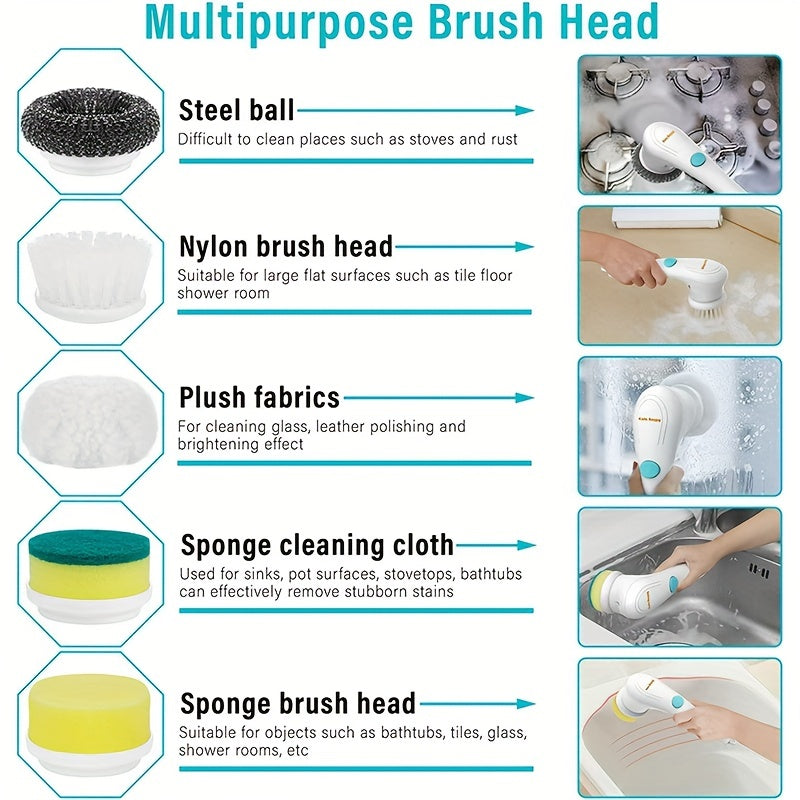 Set, Electric Scrubber With 5 Replaceable Brush Heads, Portable Spin Scrubber, Cordless Handheld Cleaning Brush For Bathroom\u002FTub\u002FWall Tiles\u002F Floor\u002FKitchen