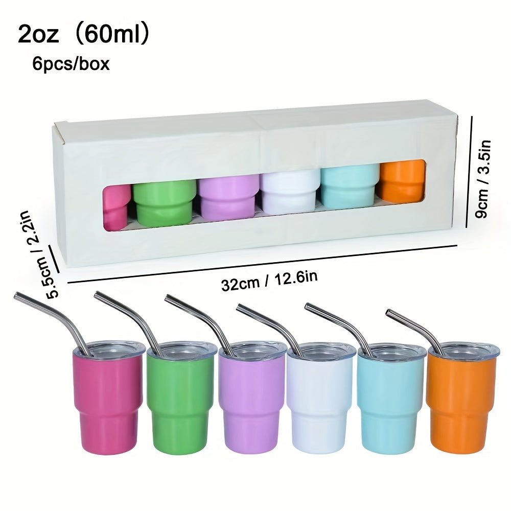 6pcs, (60ml) Double Wall Stainless Steel, 2oz(60ml) Mini Tumbler Shot Glass, Portable Cute Kawaii Tumbler With Lid And Straw For Wine And Coffee,Home Bar And Outdoor Use